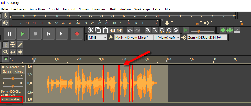 Übersteuerte Aufnahme Retten - Audiospur in Audacity markiren.